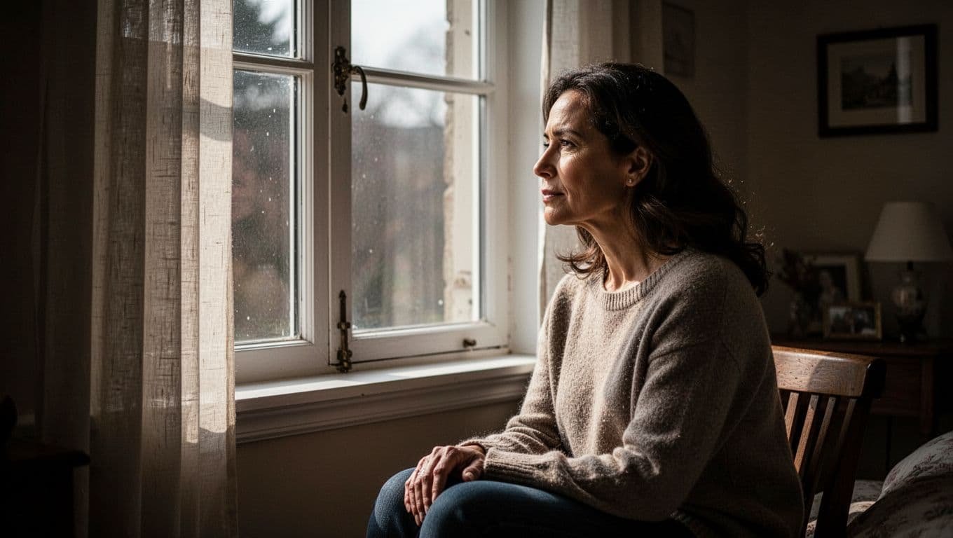 An adult daughter sits thoughtfully beside a sunlit window in a shadowed quiet room.