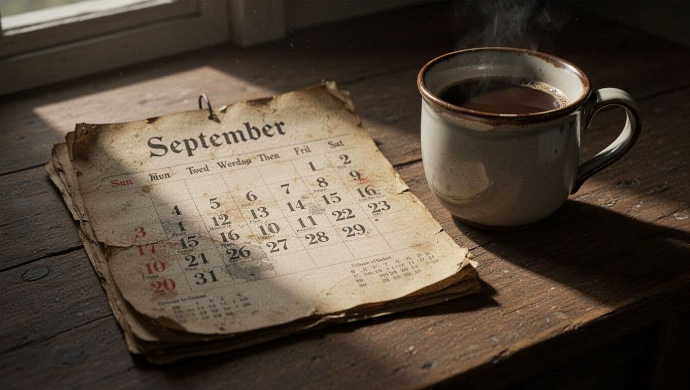 An open antique September calendar beside a vintage coffee cup in dramatic light.