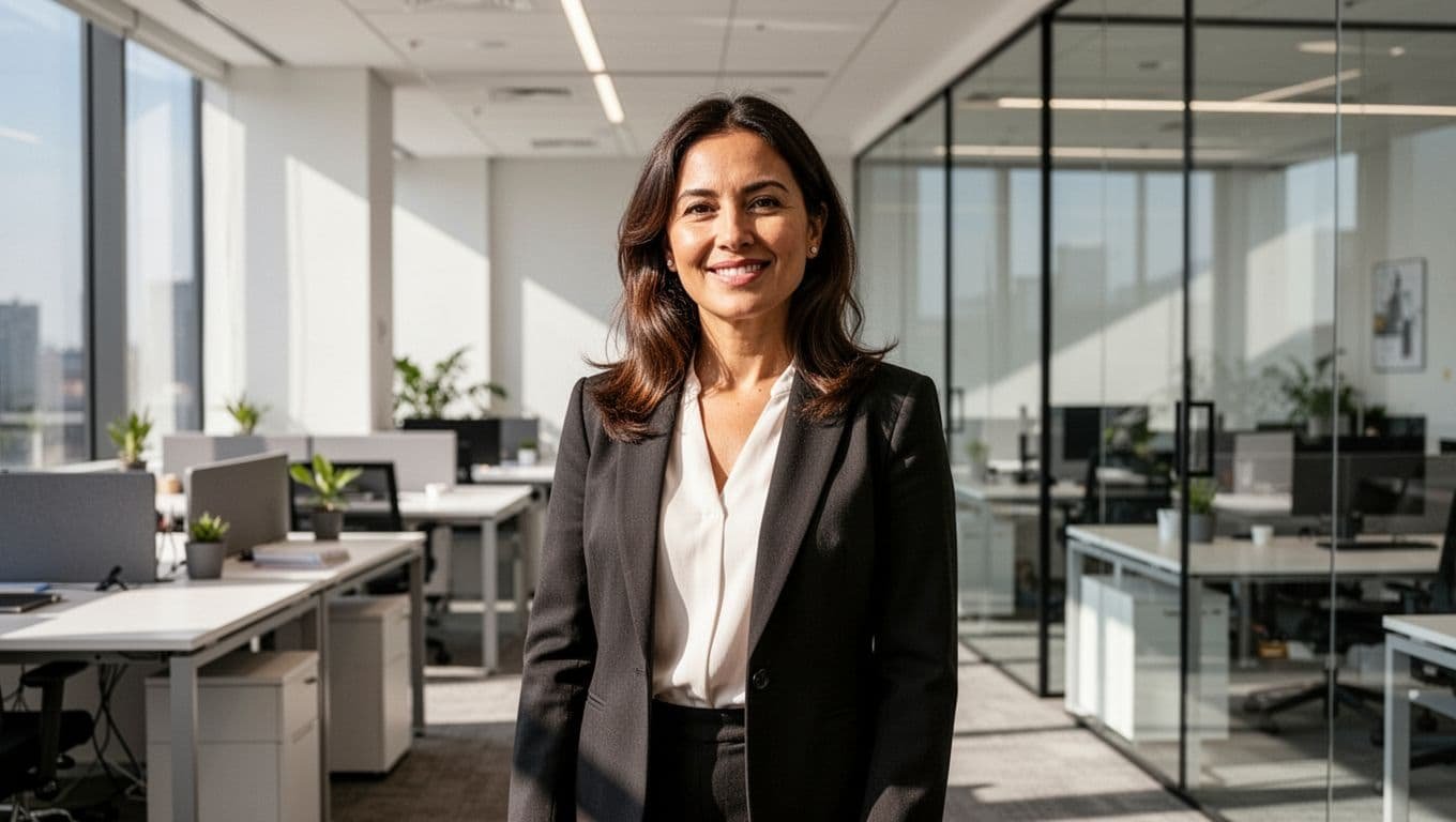 A confident woman standing in a bright modern office.