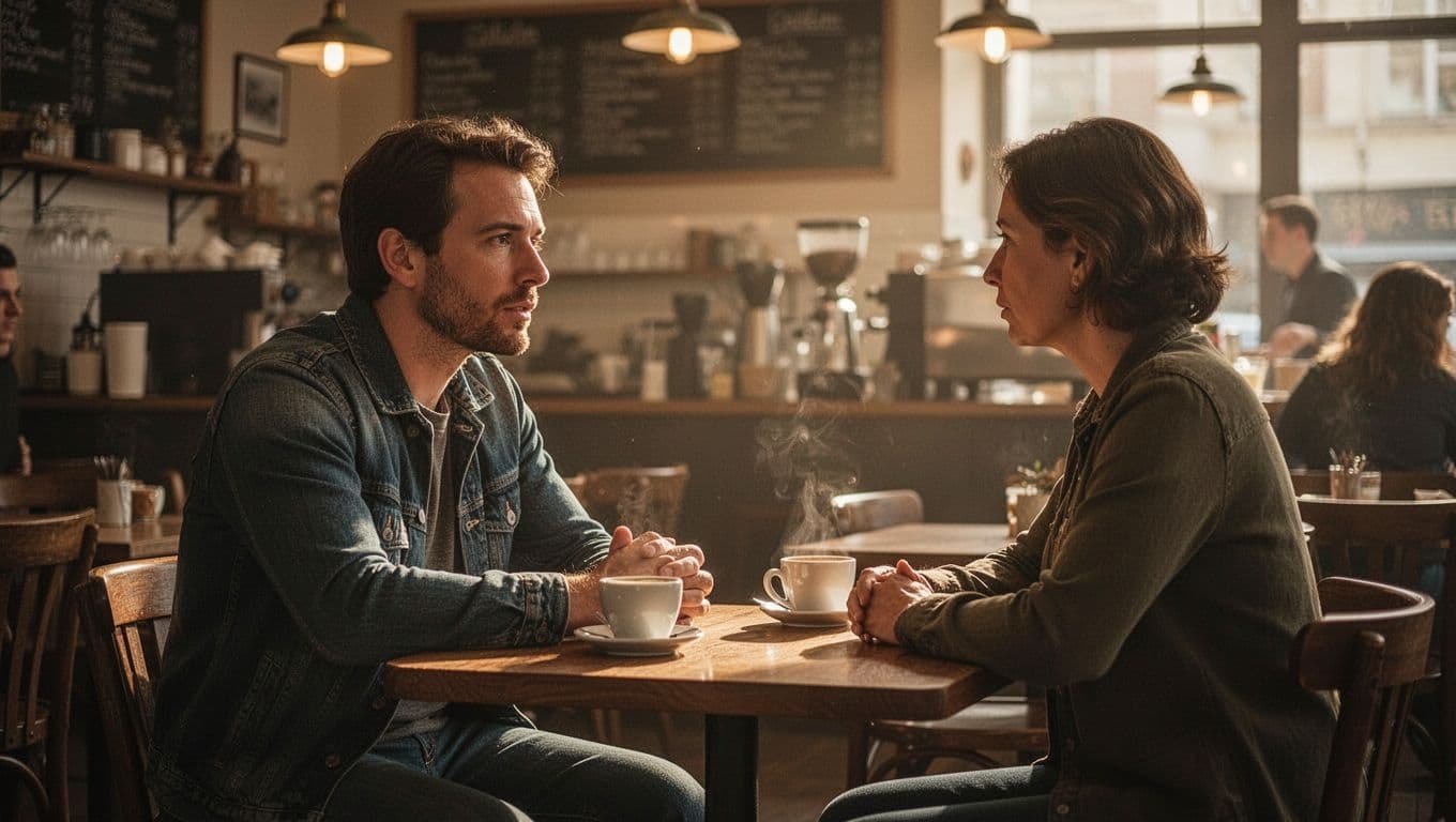 A man listens attentively across a small wooden cafe table.
