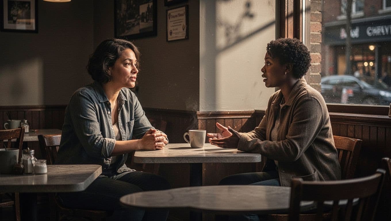 Two adults having a relaxed conversation at a warmly lit cafe.