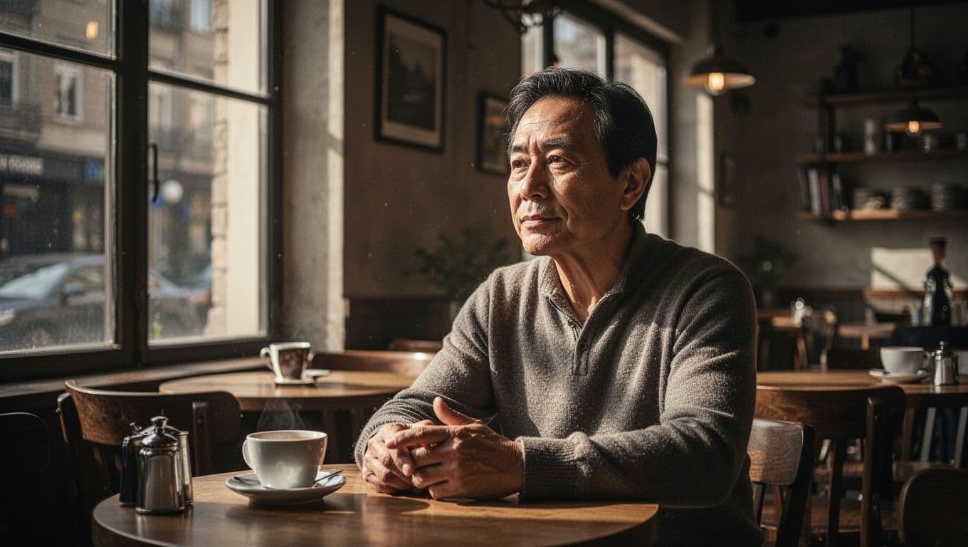A man listens calmly in a softly lit cafe.