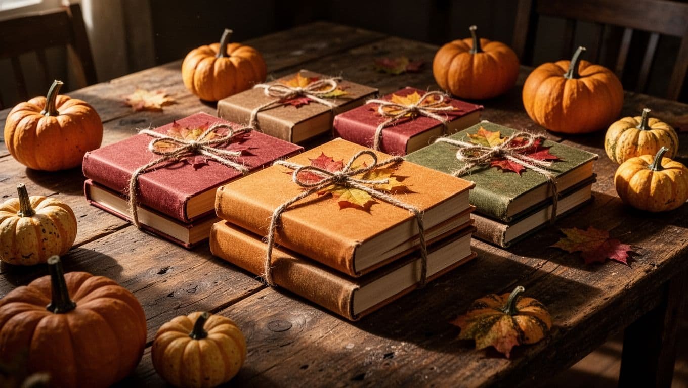 Wrapped autumn-colored books and pumpkins arranged on a rustic wooden table.