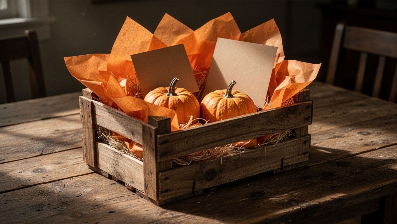 A wooden crate holds autumn gifts, orange tissue paper, a pumpkin, and a handwritten card.