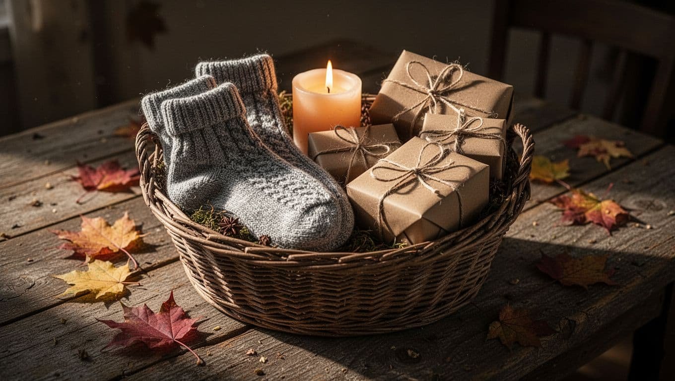 An autumn gift basket with warm socks, a candle, and small gifts on a wooden table.