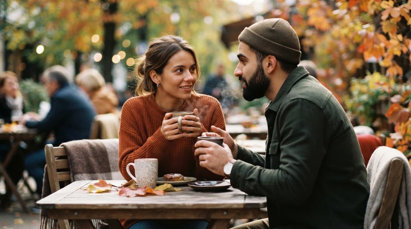 A couple talks over warm drinks at an outdoor autumn cafe table.