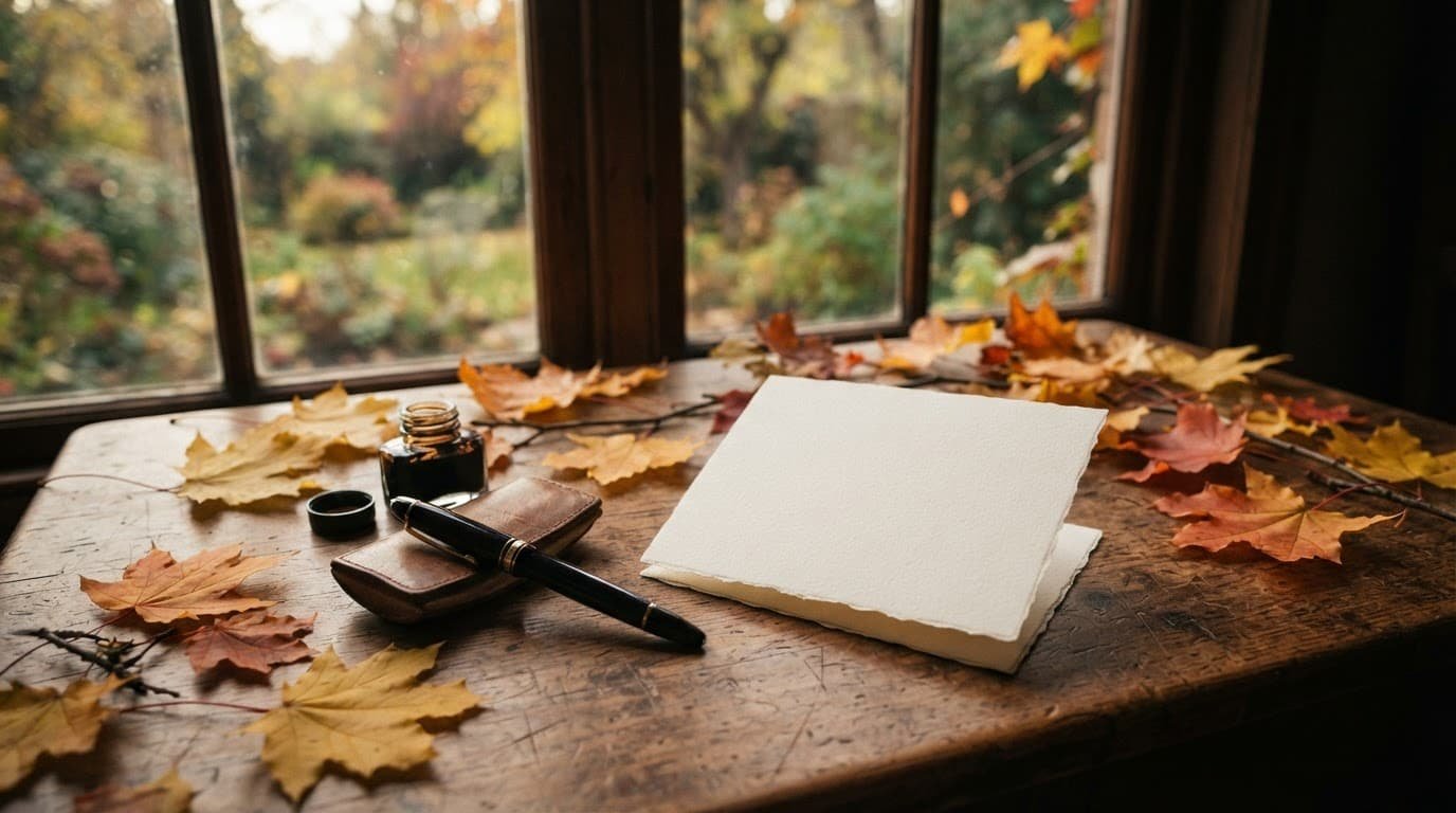 An autumn card and fountain pen on a wooden table with yellow maple leaves.