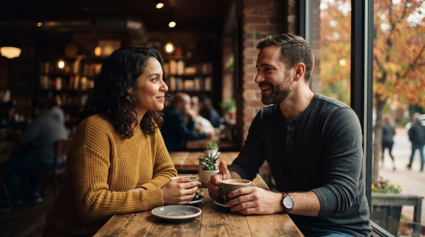 Two adults share a relaxed conversation in a cozy coffee shop with autumn leaves outside.