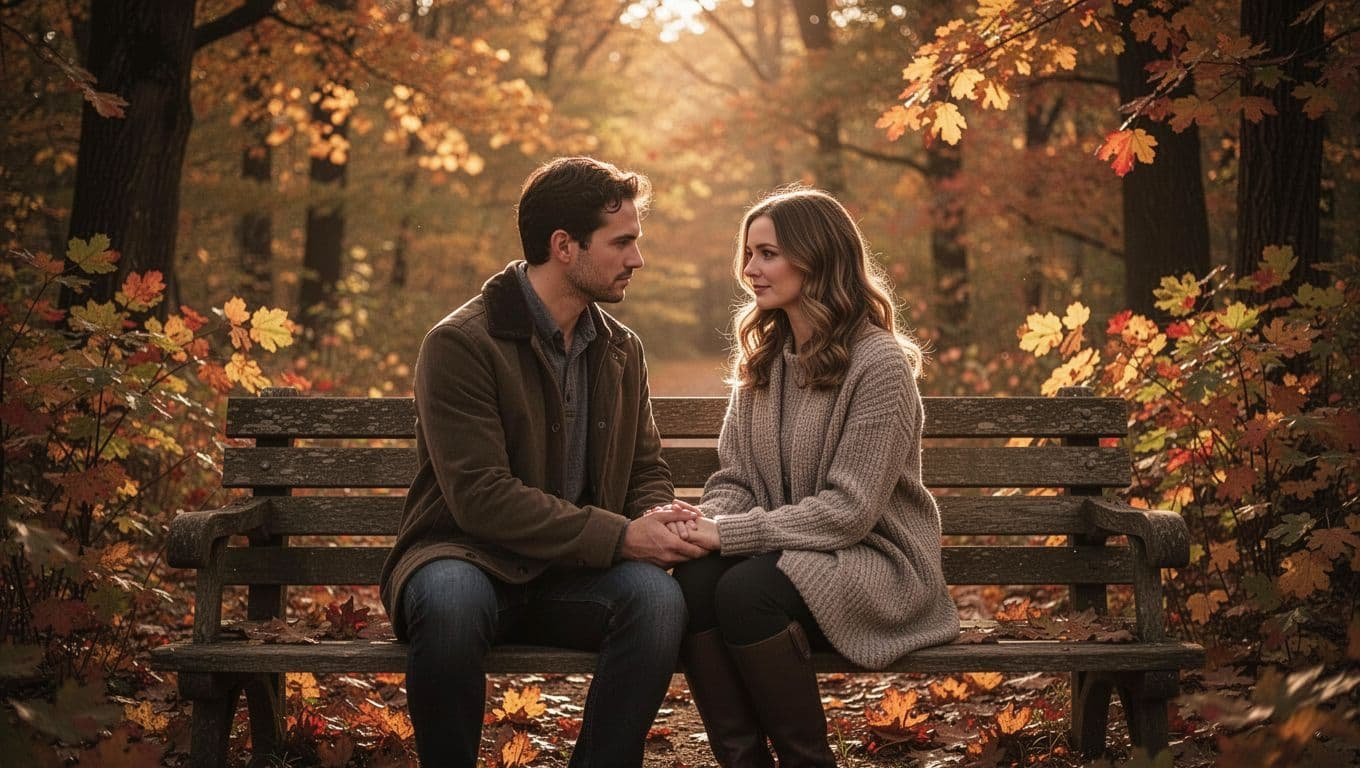 A couple embraces on a wooden bench among autumn leaves.