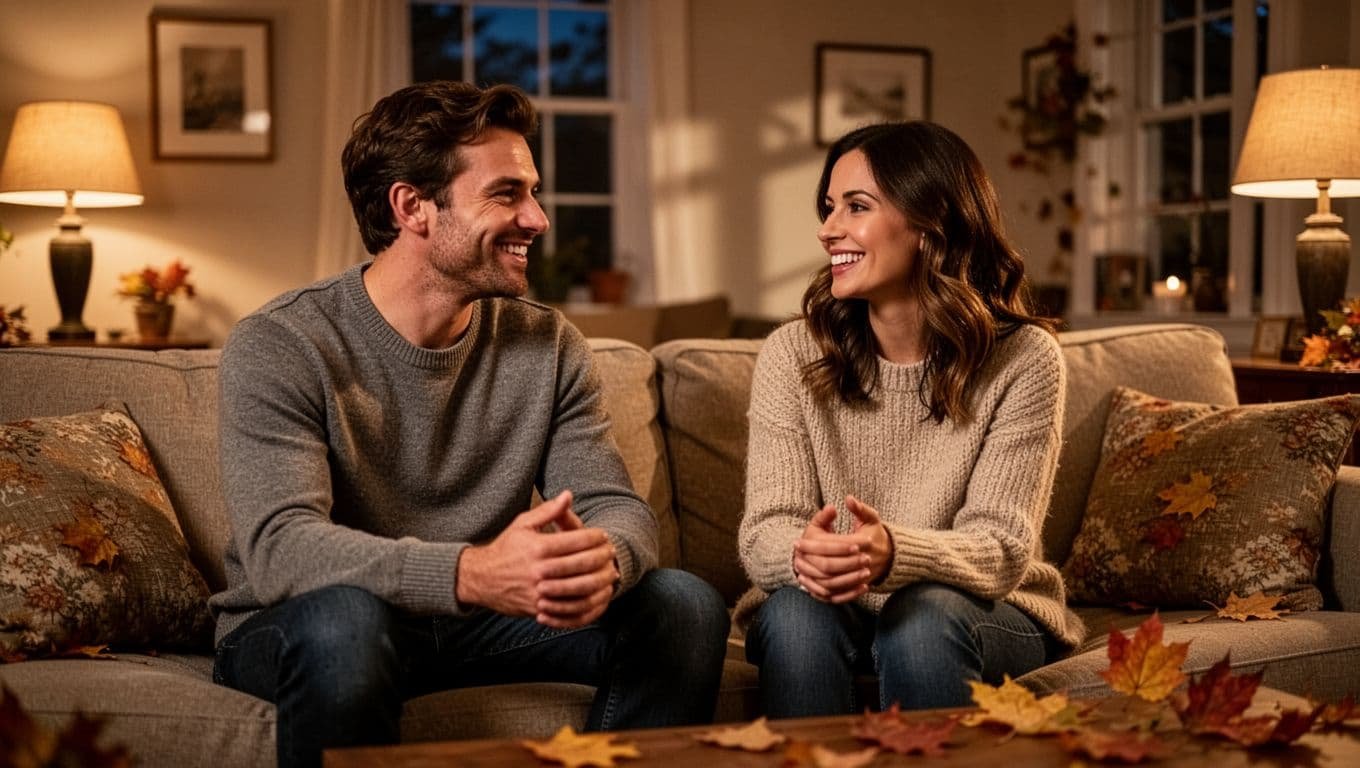 A smiling couple talks together on a couch in warm autumn light.