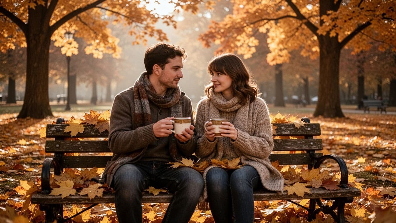 A couple shares warm mugs on a leaf-covered bench beneath orange autumn trees.