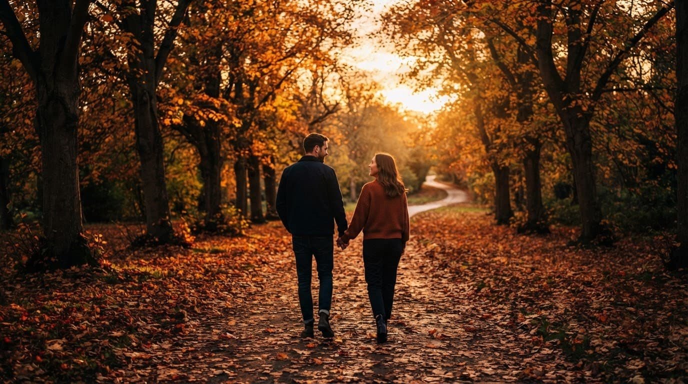 A couple walks together on a leaf-covered park path in warm autumn light.