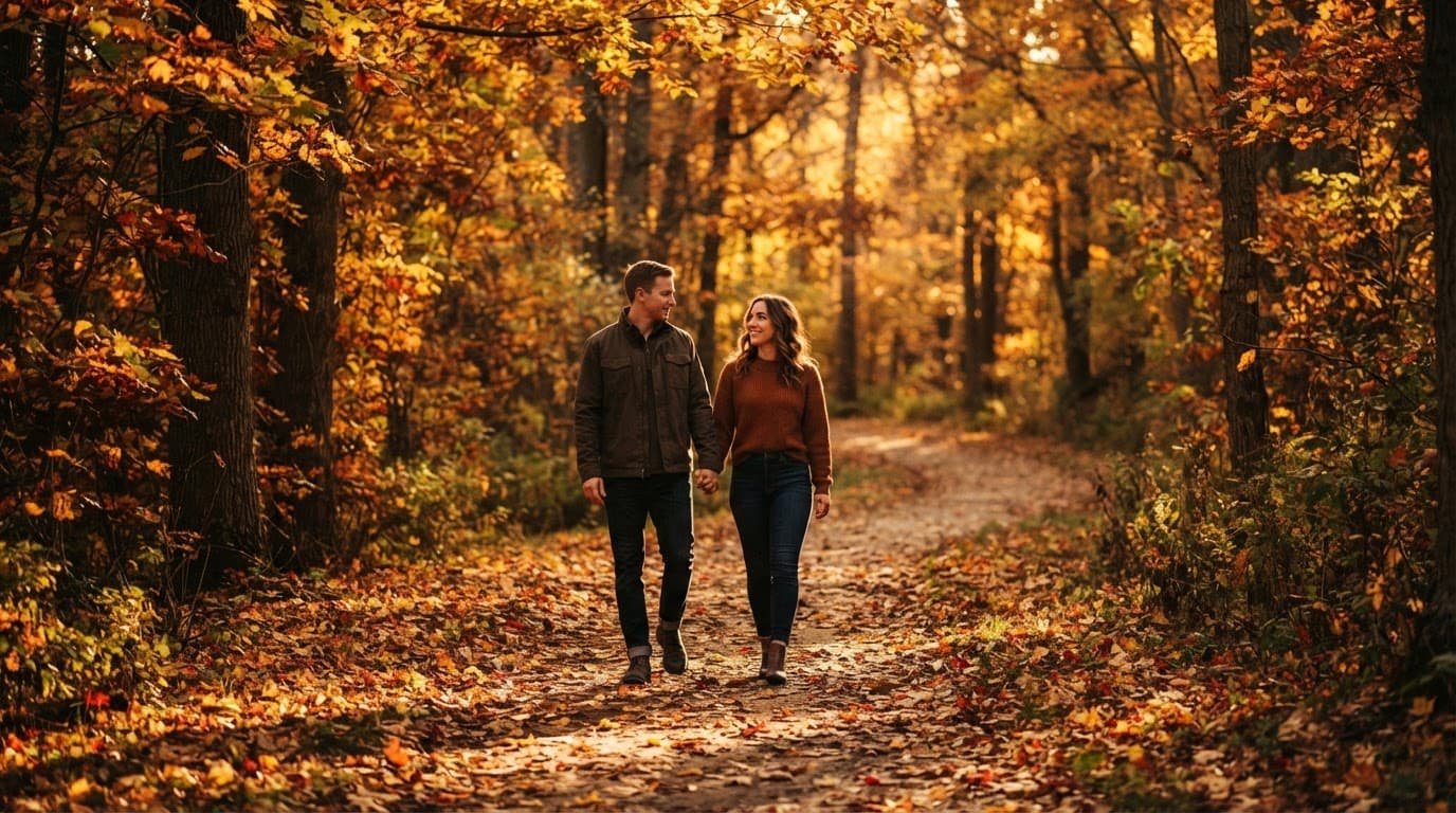 A couple walks together along a leaf-covered path beneath golden autumn trees.