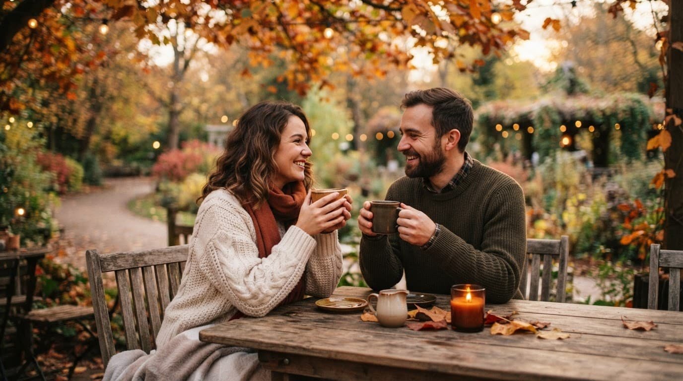 A couple in sweaters sharing warm drinks at an outdoor table in autumn.