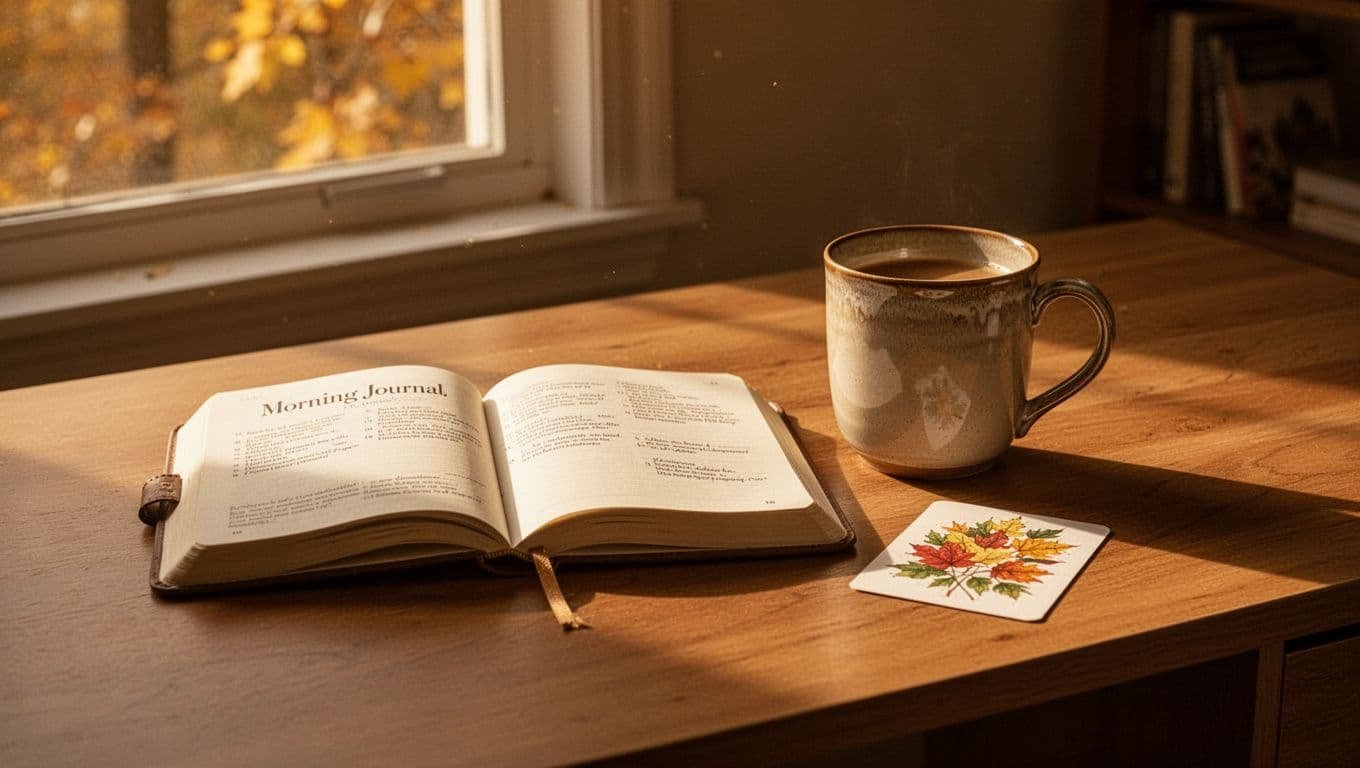 A journal, warm mug, and quote card on a desk in golden autumn light.