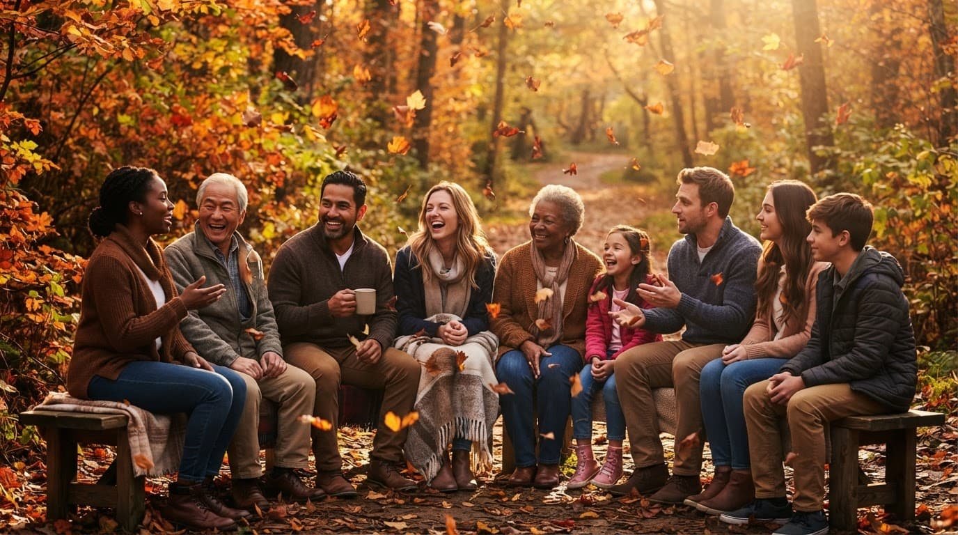 Friends and family sit on wooden benches beneath falling autumn leaves.