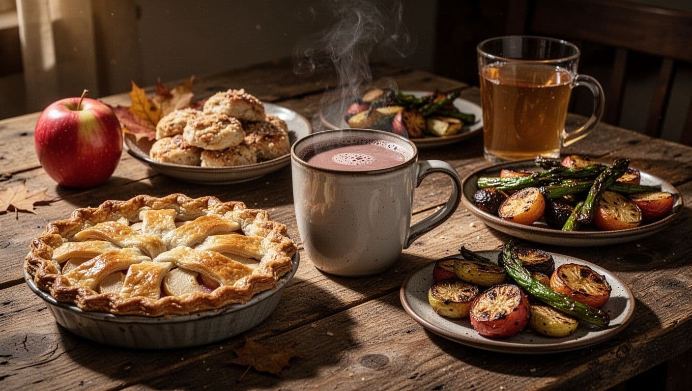 Autumn treats and warm drinks arranged on a rustic wooden table.