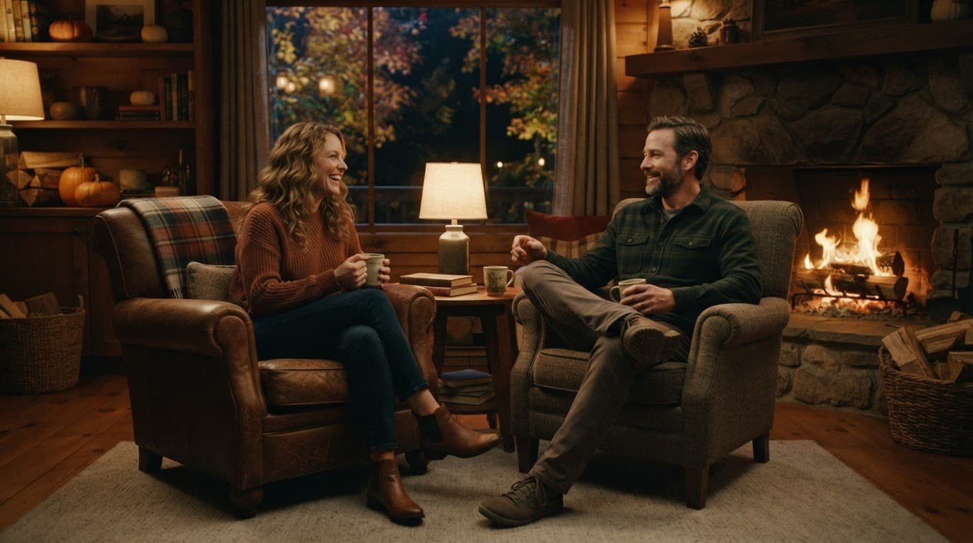 Two adults chat in armchairs beside a warm fireplace during autumn.