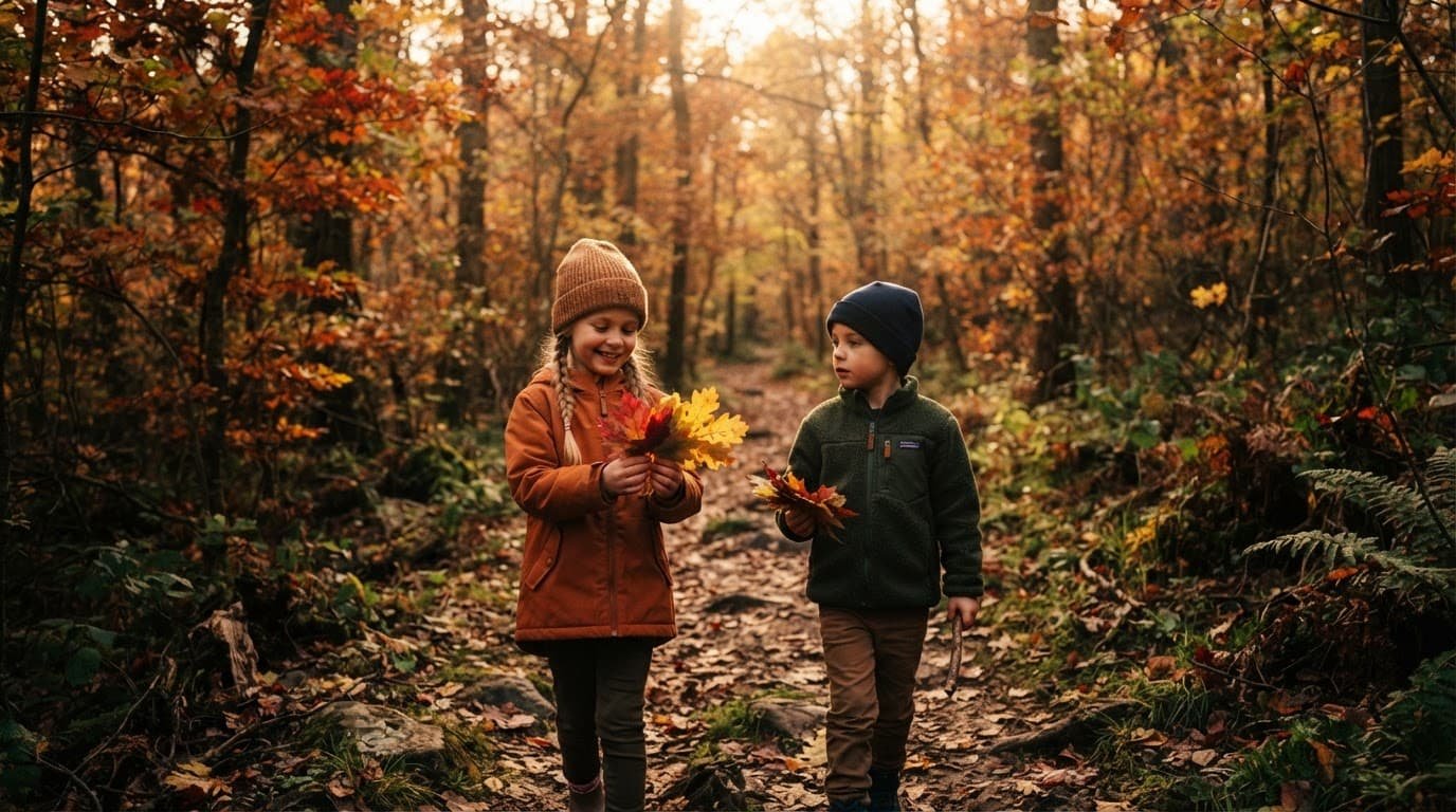 Two children hold colorful leaves while exploring an autumn forest.