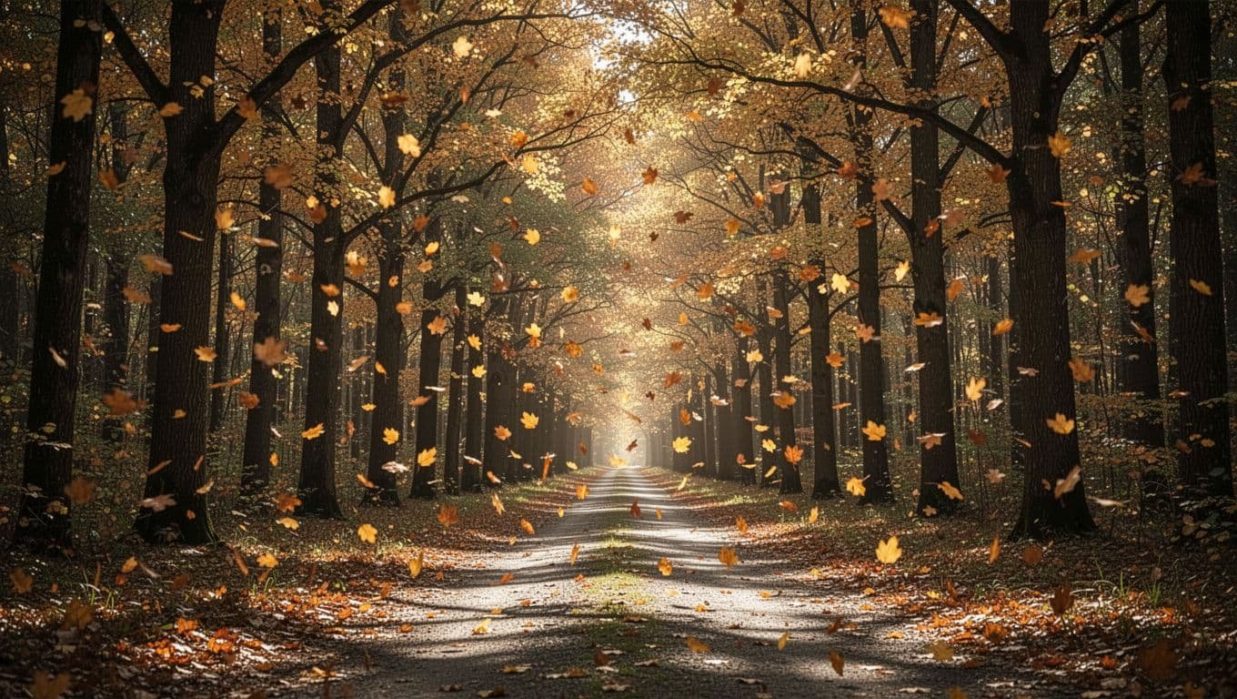 Golden leaves fall along a sunlit forest path.