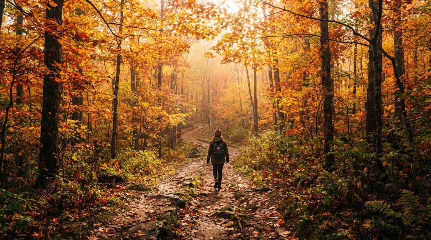 A person walks along a forest path surrounded by golden autumn leaves.