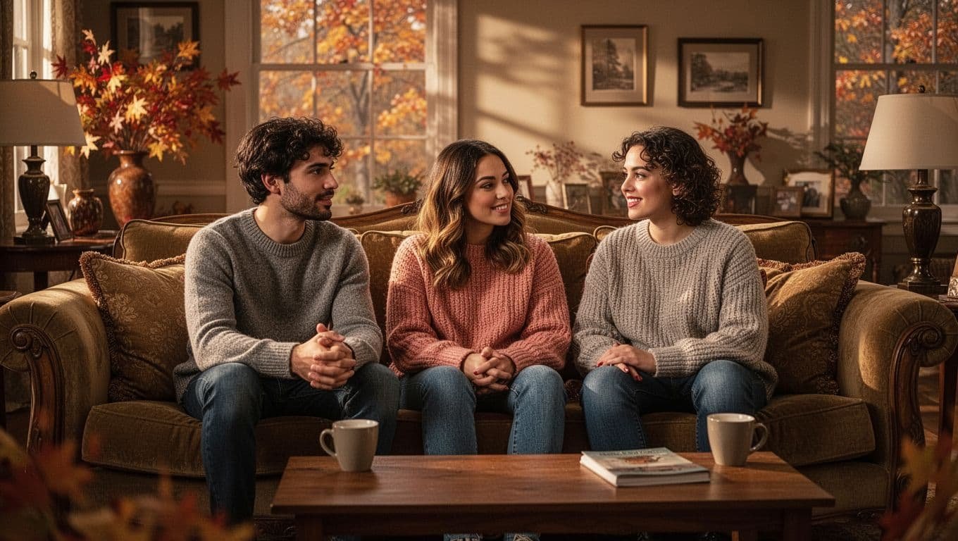 Three friends talking together on a sofa in a warmly lit autumn living room.