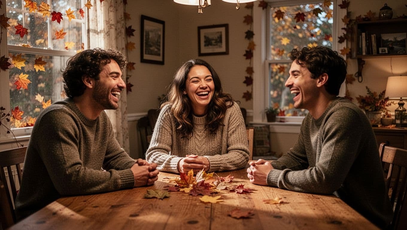 Three friends laugh around a wooden table during a warm autumn game night.