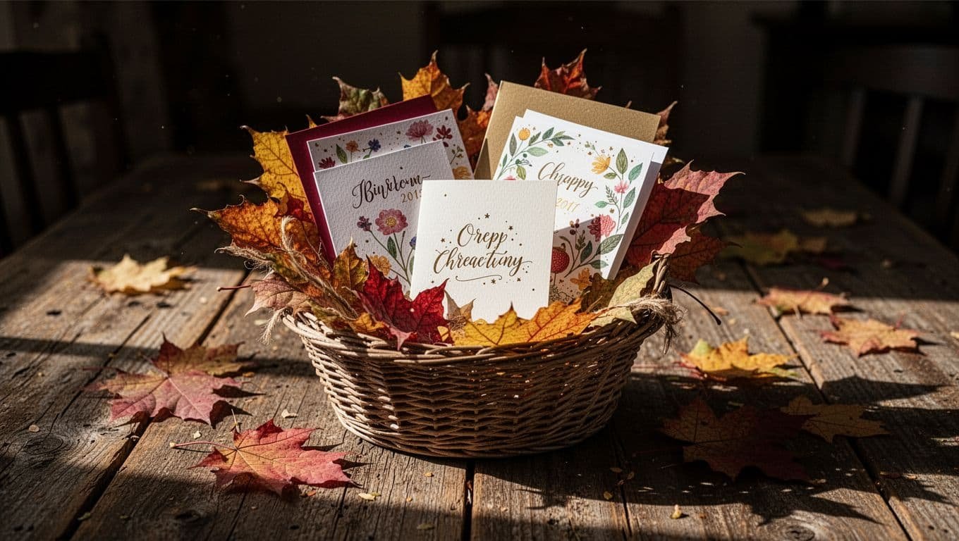 A small gift basket with blank cards and autumn decorations on a wooden table.