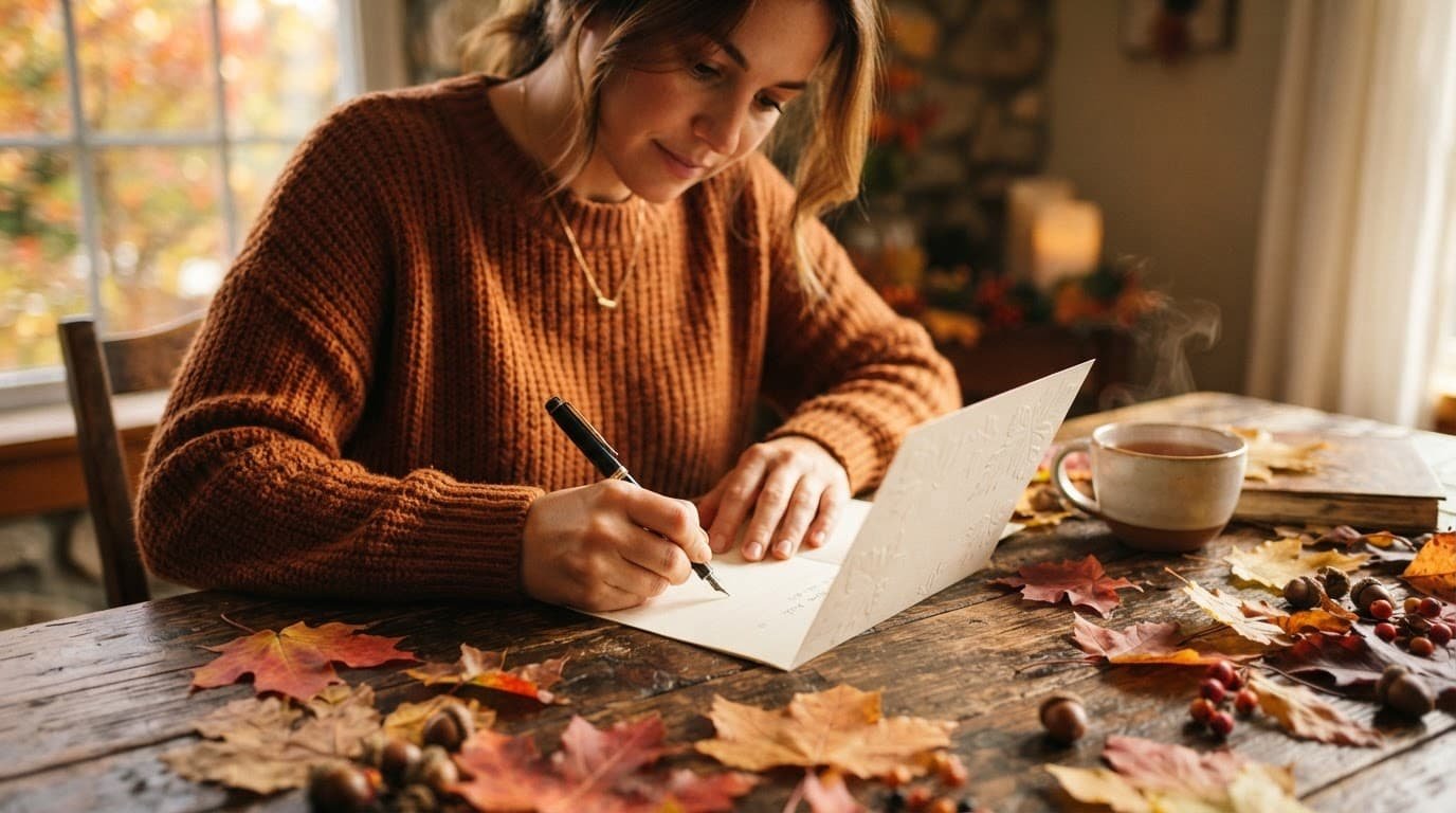 Person writing on a greeting card at a rustic table with maple leaves.