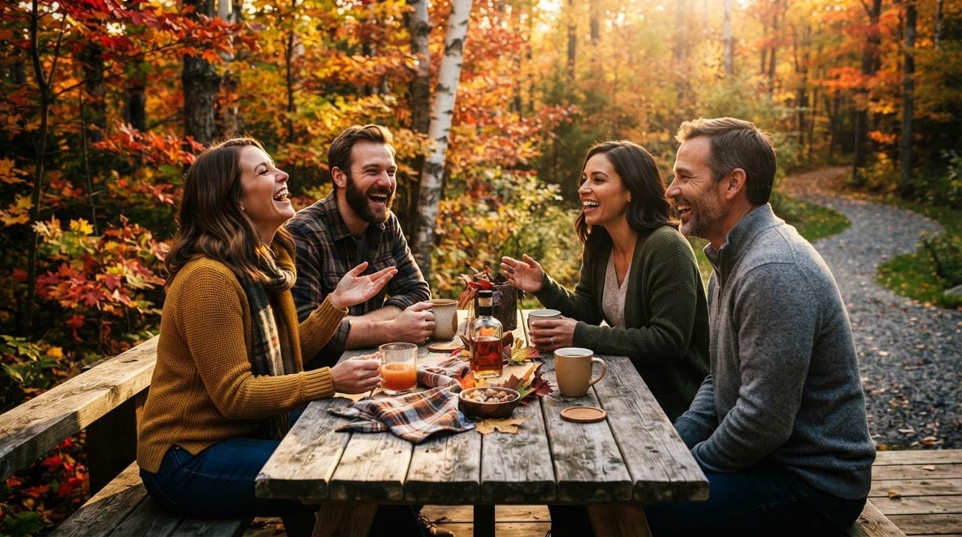 Four adults laugh together around a wooden table under colorful autumn trees.
