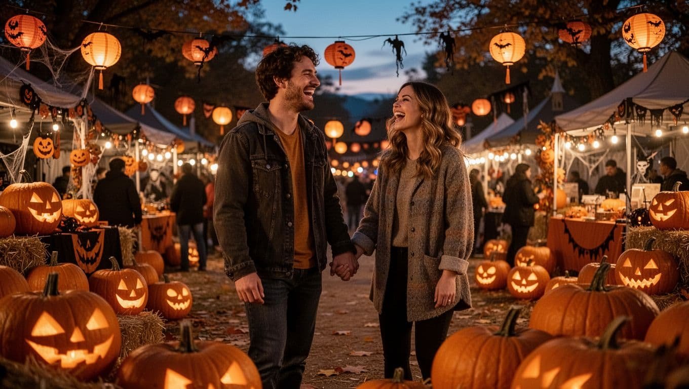 A couple walks through a pumpkin-filled Halloween festival lit by glowing lights.