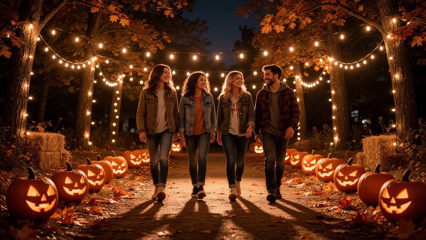 Four friends walk beneath string lights past glowing pumpkins at an outdoor Halloween event.