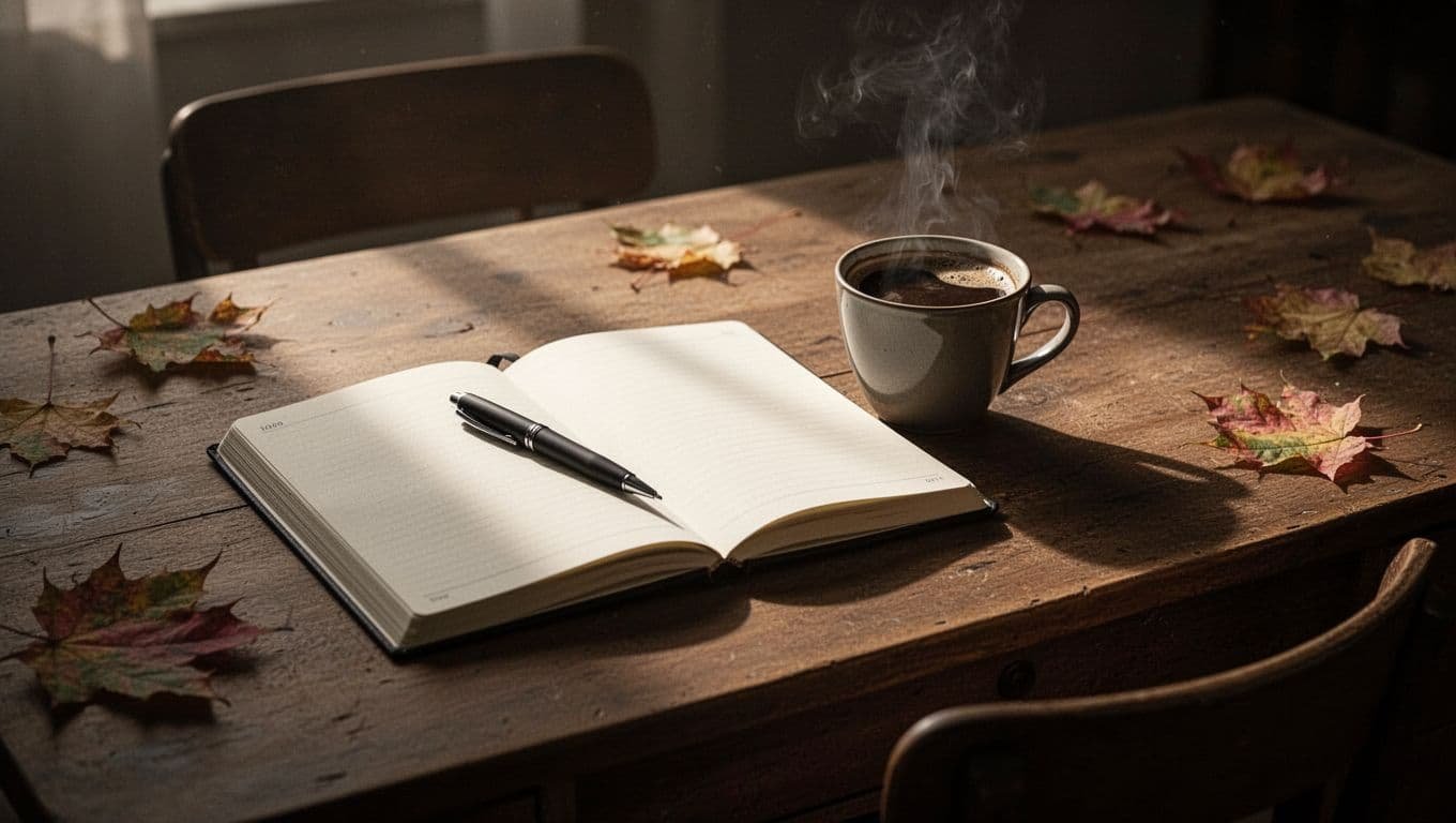 An open journal, pen, and coffee cup sit on a desk in warm light.