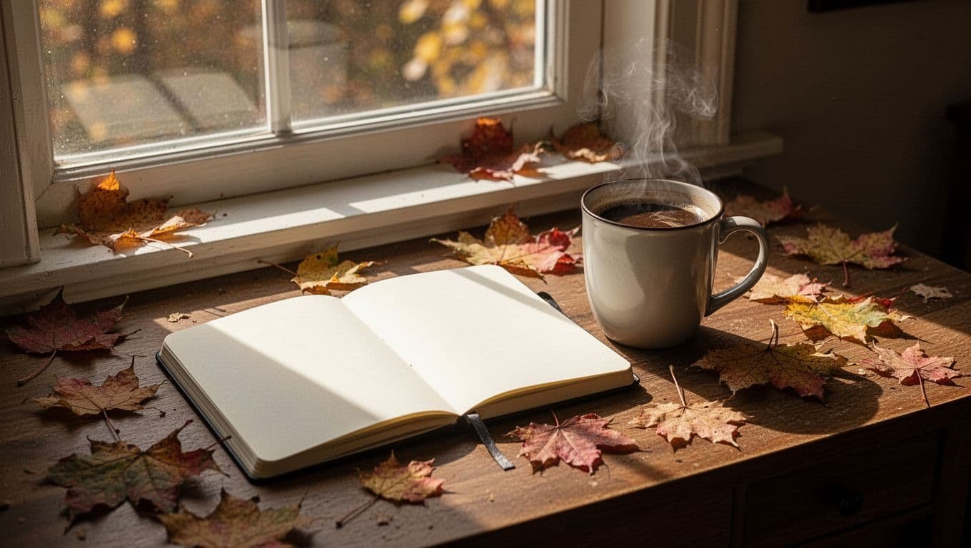 A journal and coffee mug sit on a wooden desk beside fallen autumn leaves.