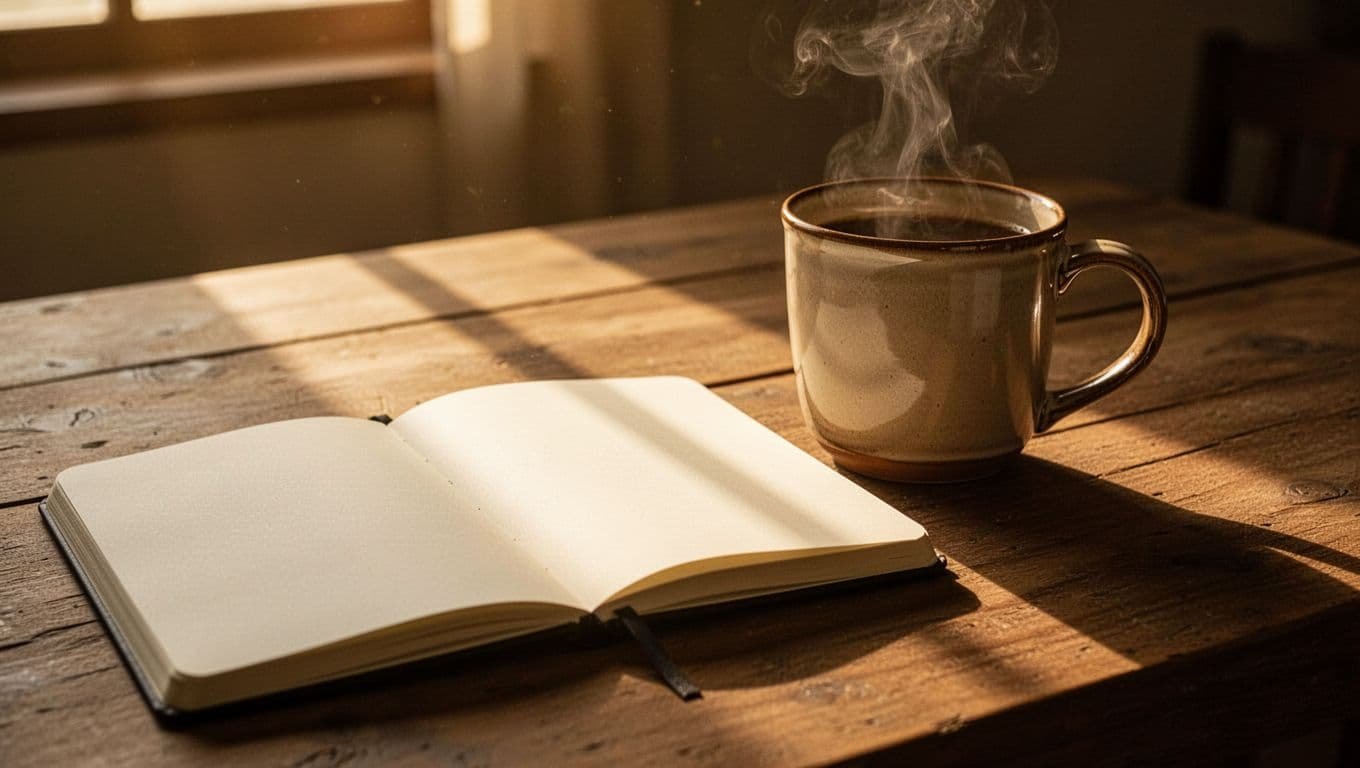 A mug and open autumn quote notebook sit in golden morning light.
