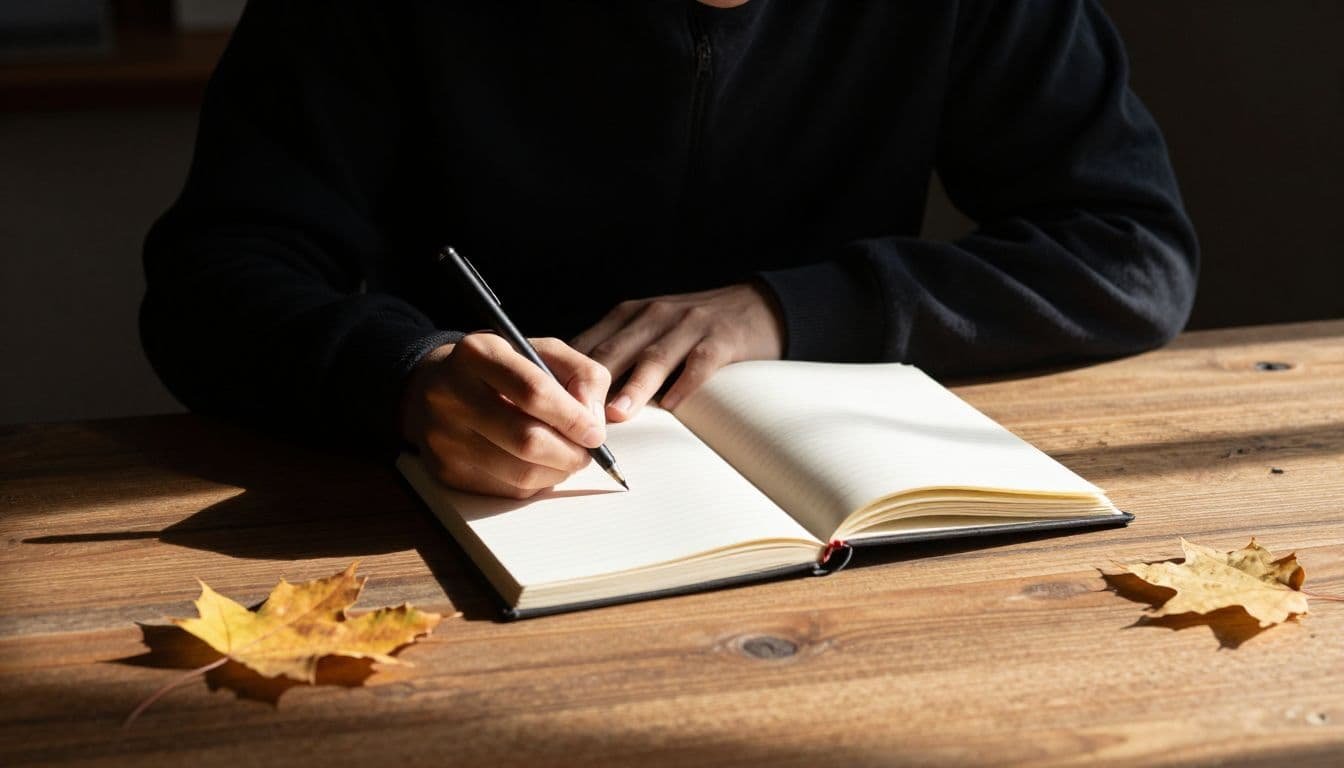 Person writing in a journal beside a sunlit desk with autumn leaves.