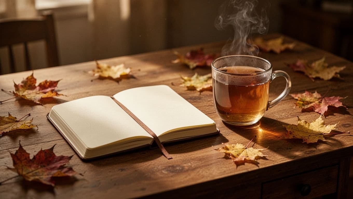 A journal and warm tea mug sit among autumn leaves on a cozy desk.
