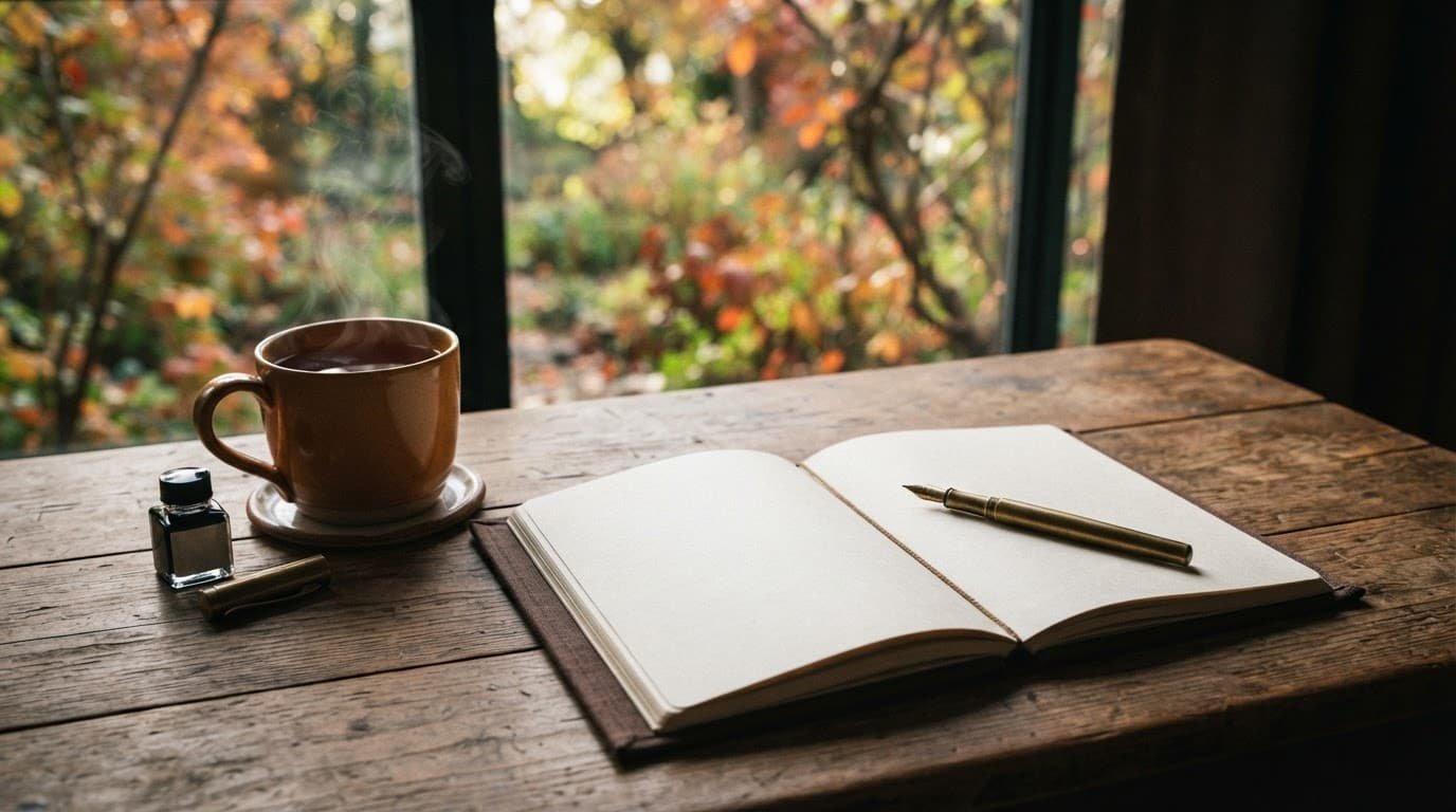 Open journal, pen, and warm tea on a wooden desk in autumn light.