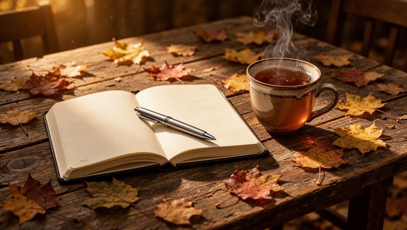 An open journal and pen beside tea and autumn leaves on a wooden table.