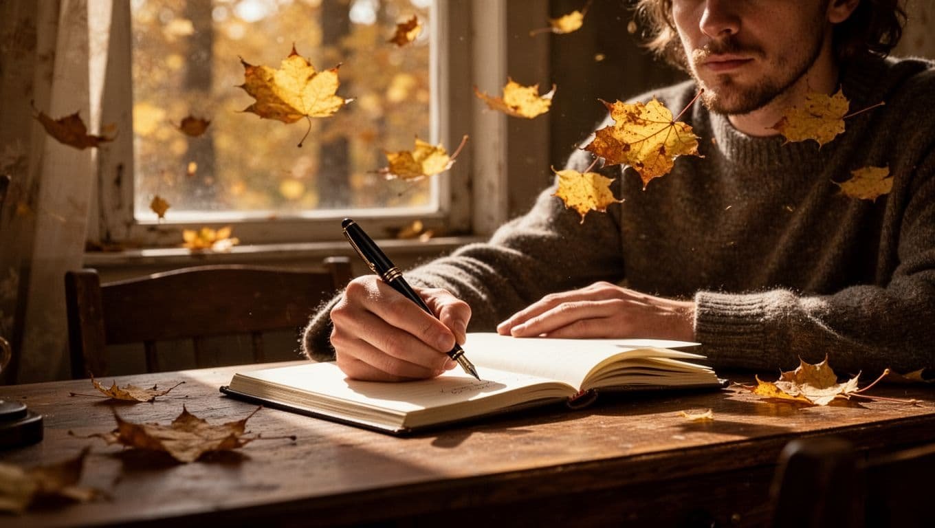 A person writes in a journal beside a window filled with autumn leaves.