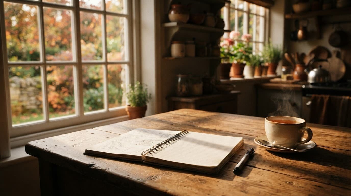 A kitchen table with a notebook and tea in warm morning light.