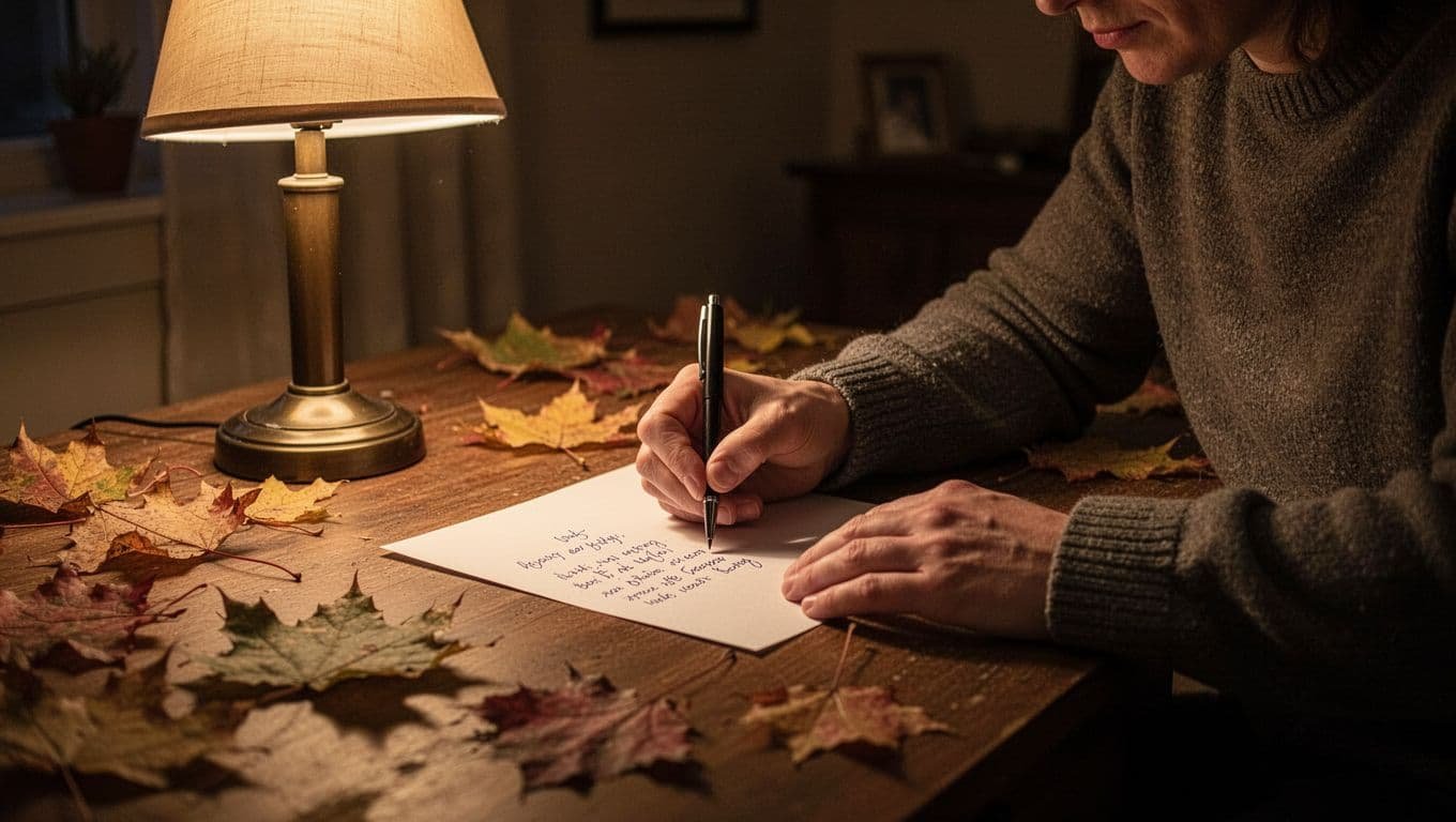 A person writes a note at a wooden desk beside autumn leaves and a warm lamp.