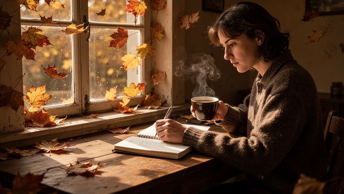 Person reviewing handwritten notes with coffee at a desk by an autumn window.