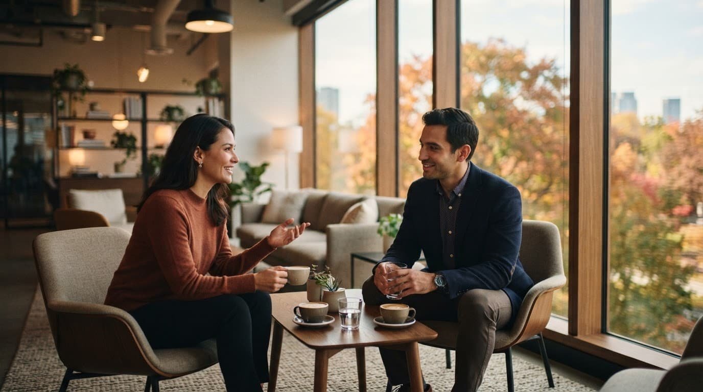 Two professionals chat in a modern lounge beside a window showing autumn trees.