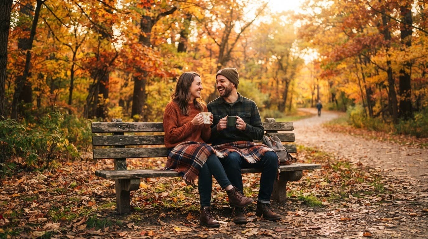 A couple sharing warm mugs on a bench in a sunlit autumn park.
