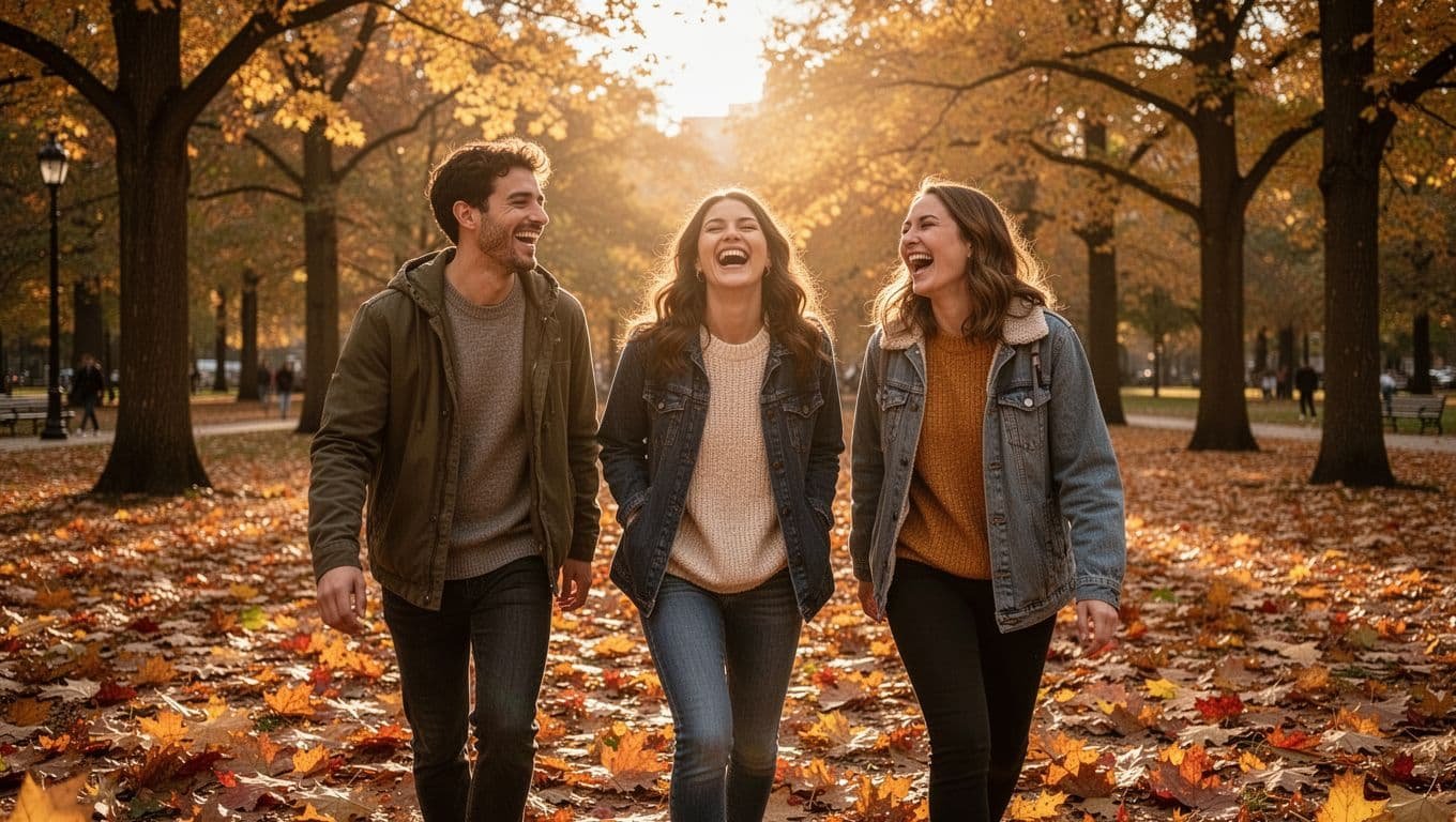Three friends relax together on a blanket in a sunny autumn park.