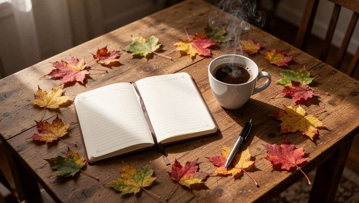A notebook, coffee cup, pen, and autumn leaves on a wooden table.