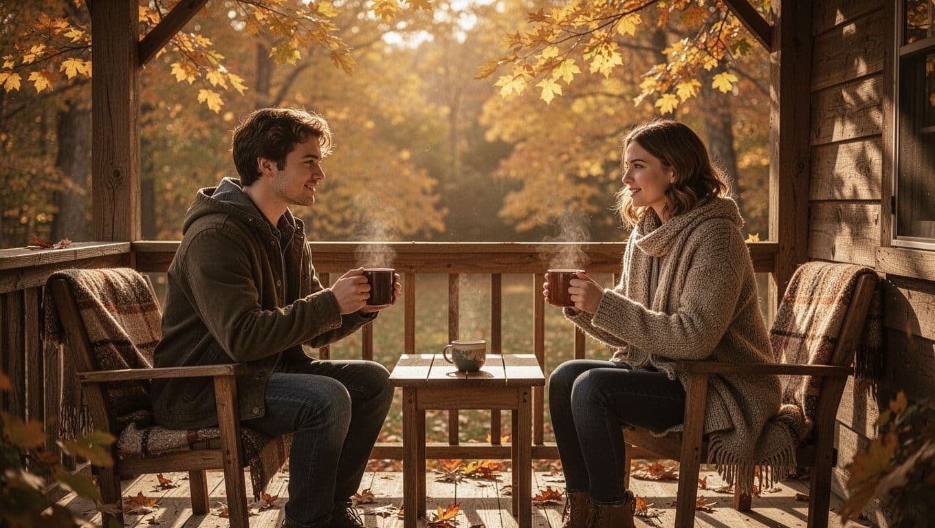 Two friends chat with warm mugs on a cozy autumn porch.