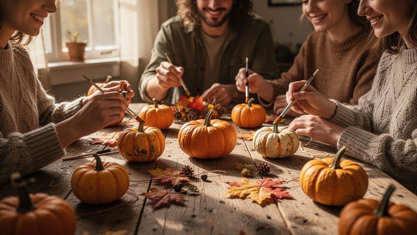 Three friends paint small pumpkins around a rustic wooden table.