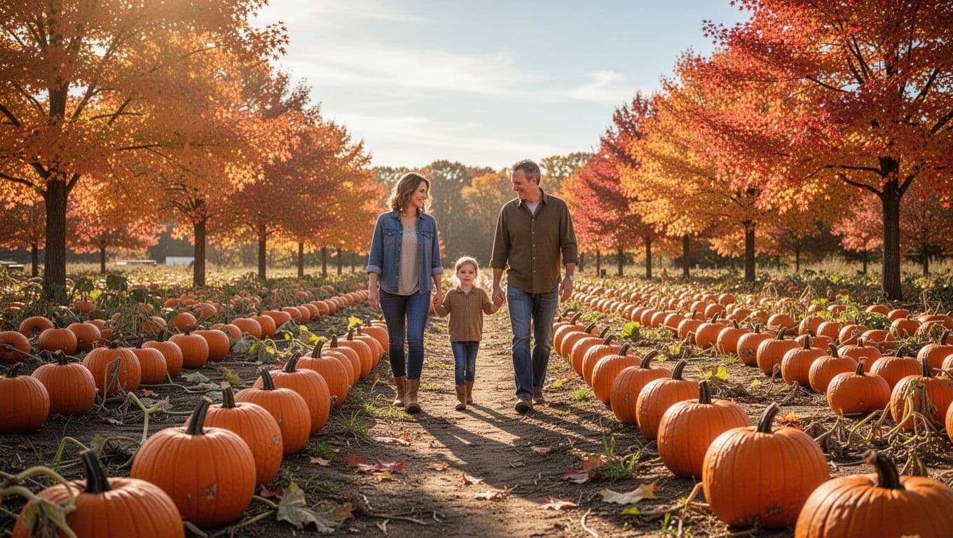 A family walks through a pumpkin patch beneath colorful autumn trees.